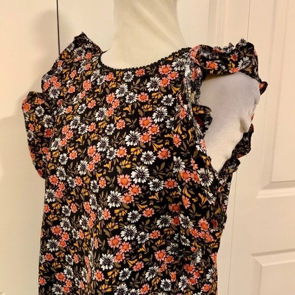 Loft Black Pink Floral Ruffle Trim Cotton Top Small - Picture 4 of 10
